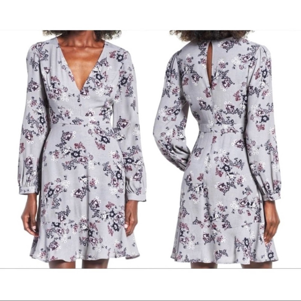 ASTR The Label Grey Floral Long Sleeve Mini Dress